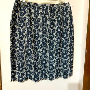 Pencil skirt knee length fully lined white embroidery over blue, scalloped hem